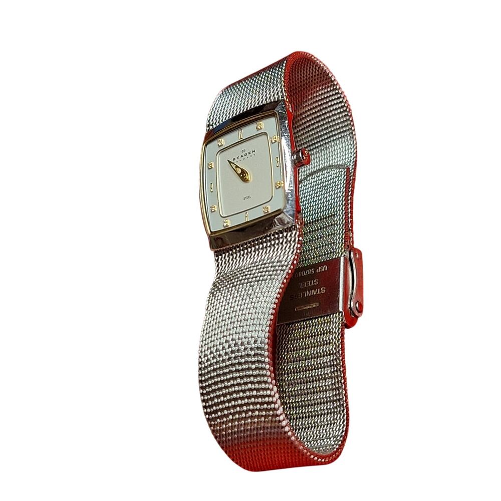 Skagen Denmark 380XSGS1 Slim Square Watch - Two-Tone Mesh & Crystal Dial WORKS
